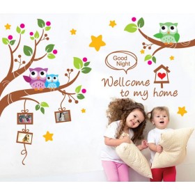 Branch wall sticker with owls and photo frames